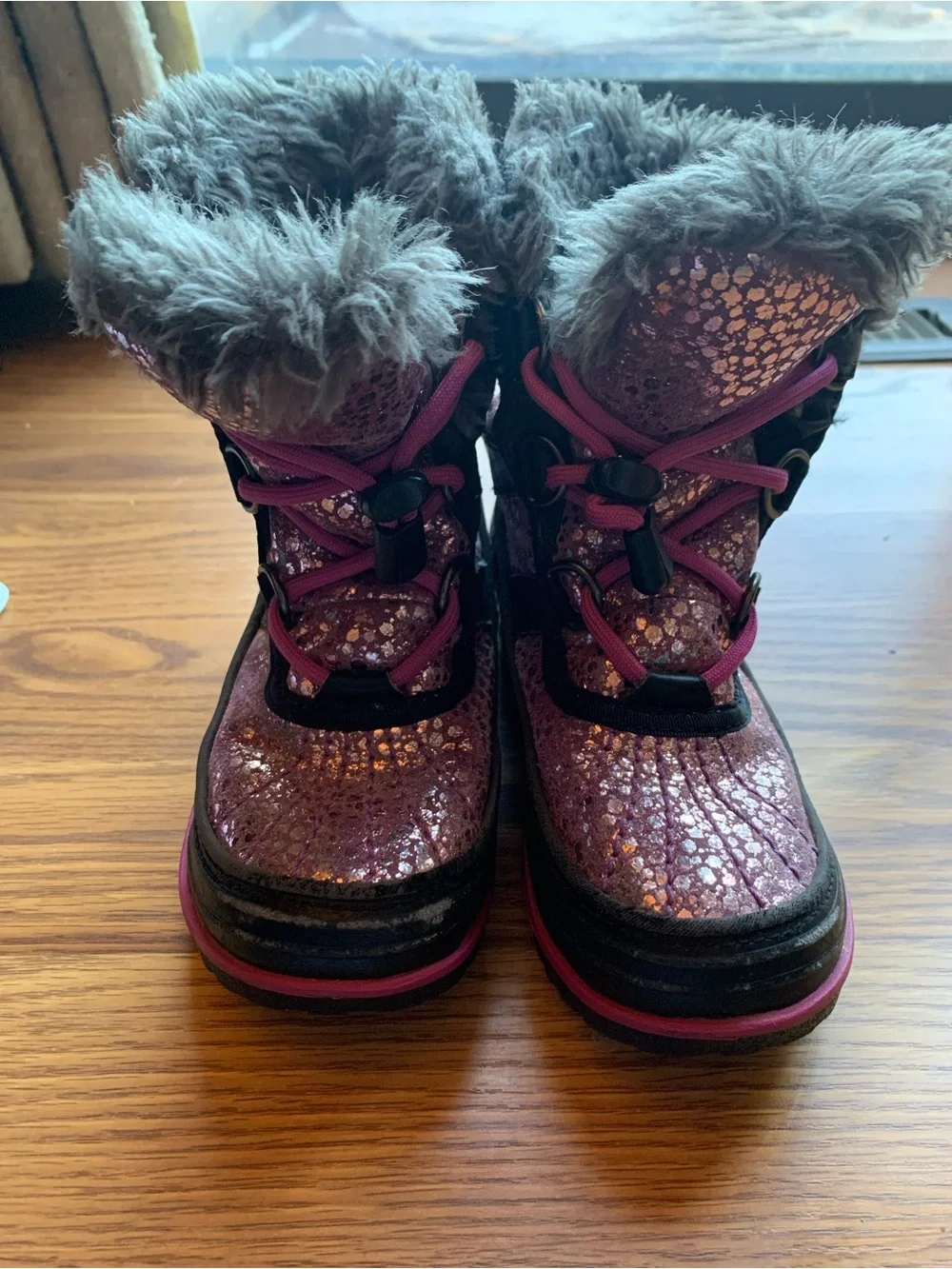 Sorel Kids Purple Glitter Snow Boots Faux Fur Collar Girl Size 12 Winter Boots